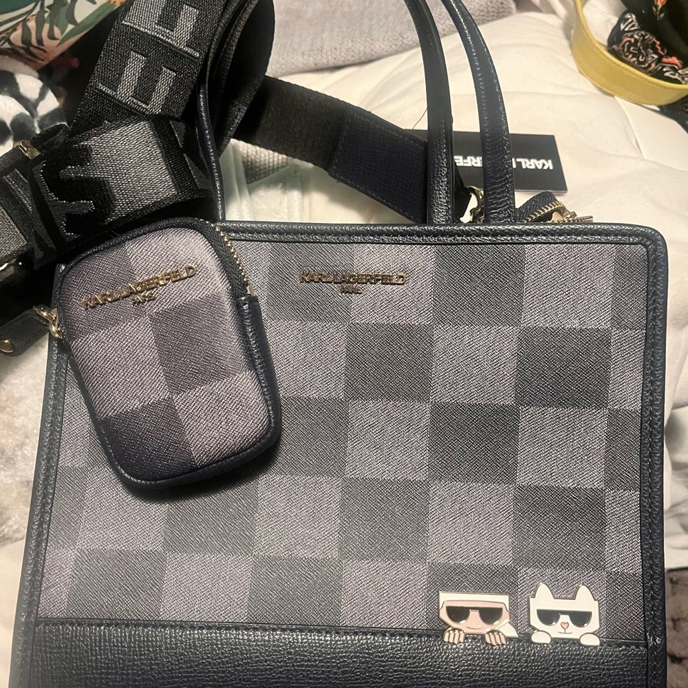 Karl Lagerfeld Checkered Handbag Crossbody with Coin Pouch Cat Logo